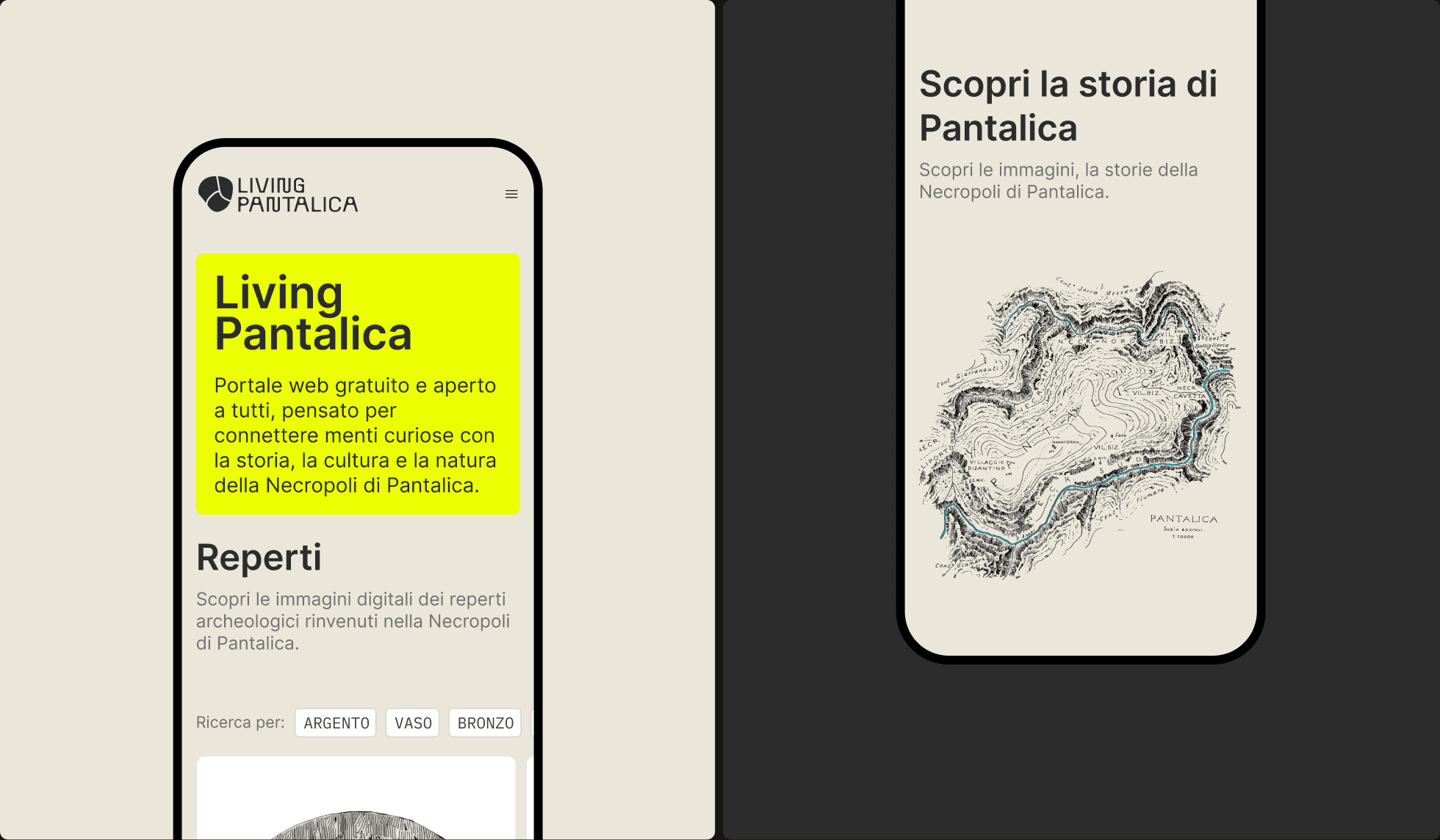 Due schermate mobile del sito Living Pantalica: la home e la mappa della Necropoli di Pantalica